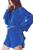 Pleated Round Neck Crop Top in Blue