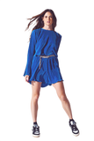 Pleated Round Neck Crop Top in Blue