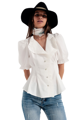 Poplin Frill Detail Wrap Blouse in Cream