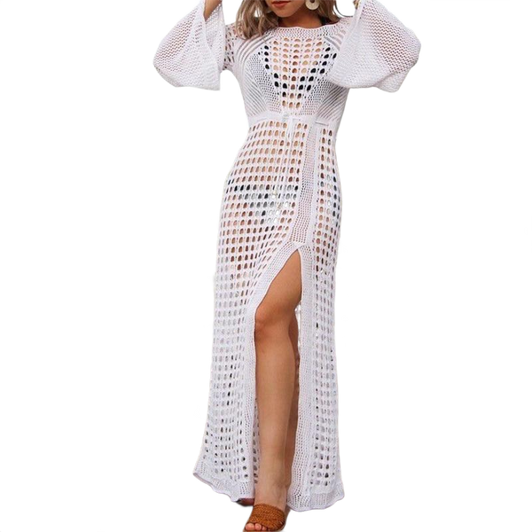 White Long Sleeve Cut Out Slit Beach Dress/ Sundress