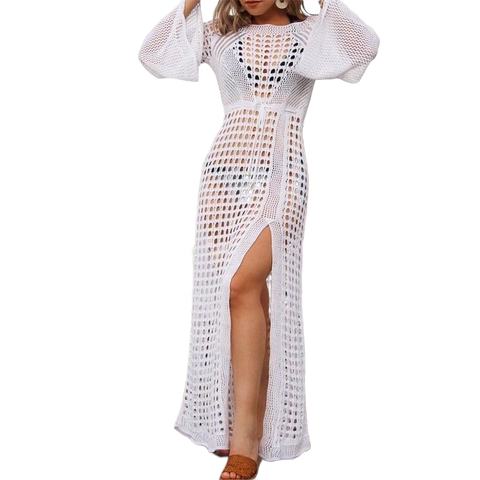 White Long Sleeve Cut Out Slit Beach Dress/ Sundress