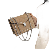 Scrub Leather Chain Rivet Lock Shoulder Bag