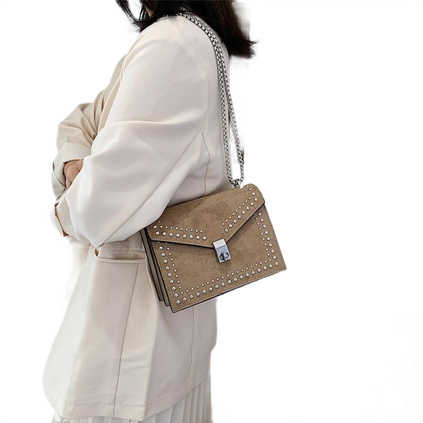 Scrub Leather Chain Rivet Lock Shoulder Bag
