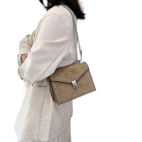 Scrub Leather Chain Rivet Lock Shoulder Bag