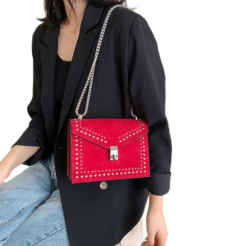 Scrub Leather Chain Rivet Lock Shoulder Bag