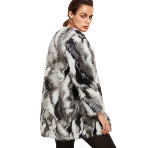 Faux Fur Fuzzy Color Block Open Front Coat