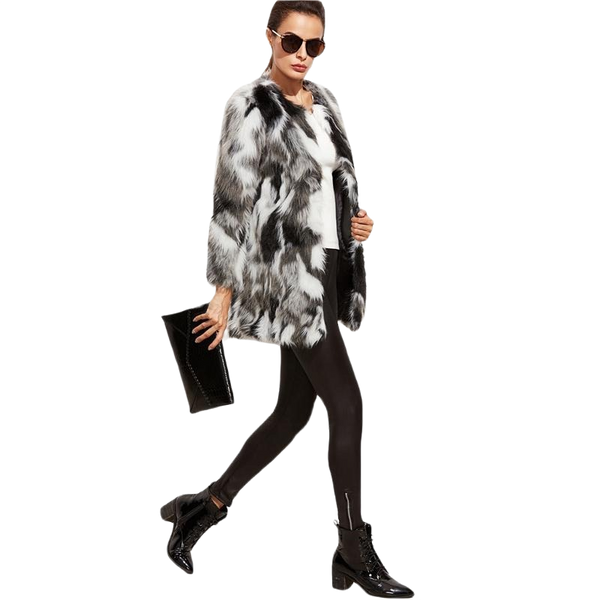 Faux Fur Fuzzy Color Block Open Front Coat
