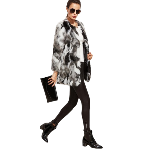 Faux Fur Fuzzy Color Block Open Front Coat