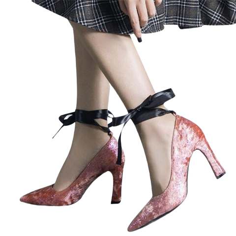 Elegant Lady's Thick Heel Pumps - Ribbon Tie Flock Vamp