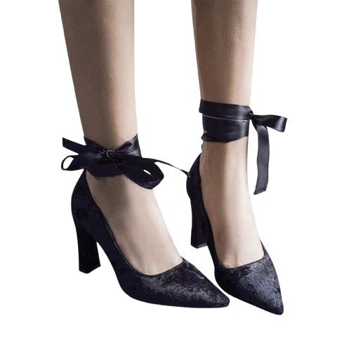 Elegant Lady's Thick Heel Pumps - Ribbon Tie Flock Vamp
