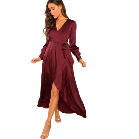 V-Neck Belted Wrap Asymmetric Party Maxi Dress