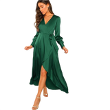 V-Neck Belted Wrap Asymmetric Party Maxi Dress