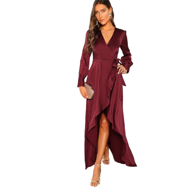 V-Neck Belted Wrap Asymmetric Party Maxi Dress