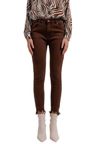Raw Hem Skinny Jeans in Brown