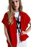 Red Button Up Blouse With Polo Collar