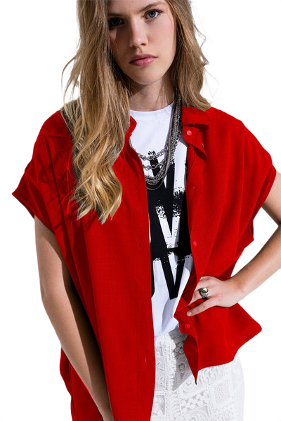Red Button Up Blouse With Polo Collar