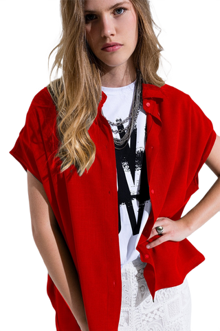 Red Button Up Blouse With Polo Collar