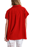 Red Button Up Blouse With Polo Collar