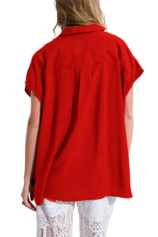 Red Button Up Blouse With Polo Collar