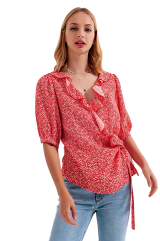 Red Wrap Top in Clustered Flower Print