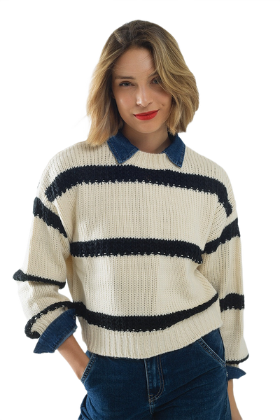 Relaxed Beige Jumper With Black Stripes