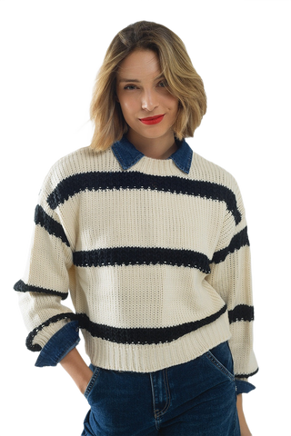 Relaxed Beige Jumper With Black Stripes