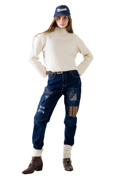 Cream Ribbed High Neck Sweater