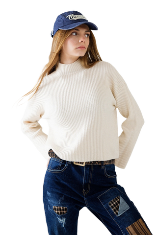 Cream Ribbed High Neck Sweater