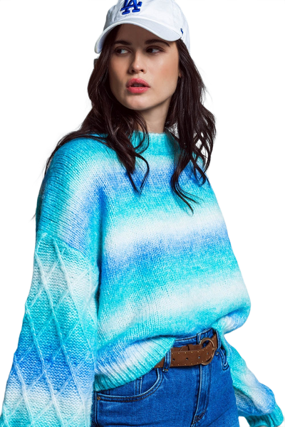 Relaxed Sweater With Ombre Print in Shades of Blue and Argyle Print at the Sleeves