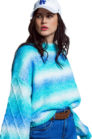 Relaxed Sweater With Ombre Print in Shades of Blue and Argyle Print at the Sleeves