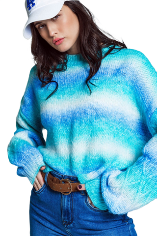 Relaxed Sweater With Ombre Print in Shades of Blue and Argyle Print at the Sleeves