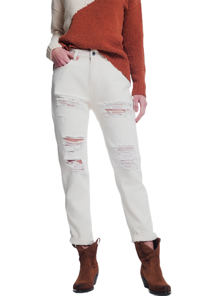 Ripped Boyfriend Jeans in Beige