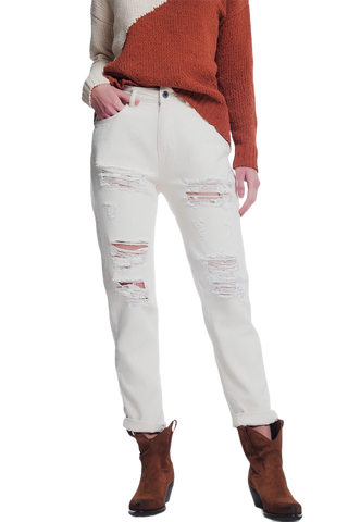 Ripped Boyfriend Jeans in Beige