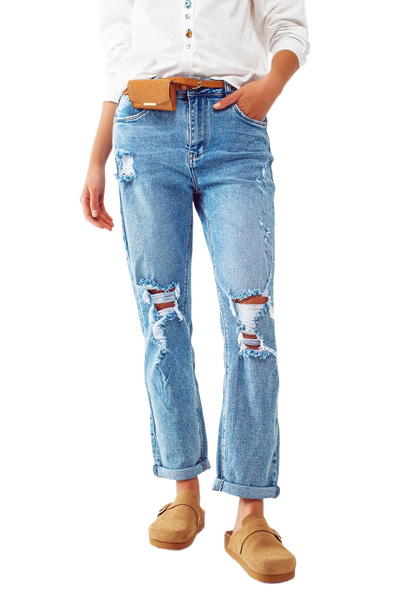Ripped Knee Straight Jeans