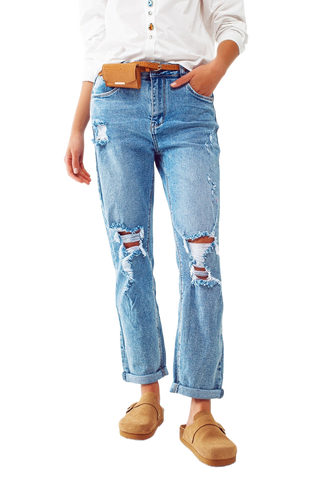 Ripped Knee Straight Jeans