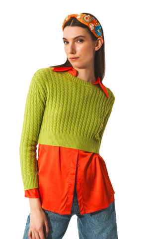 Round Neck Cable Knit Crop Jumper in Lime Green