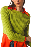 Round Neck Cable Knit Crop Jumper in Lime Green