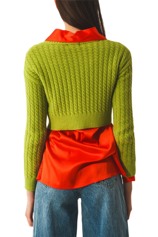 Round Neck Cable Knit Crop Jumper in Lime Green