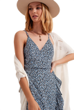 Ruffle Wrap Dress in Blue Floral Print
