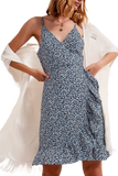 Ruffle Wrap Dress in Blue Floral Print