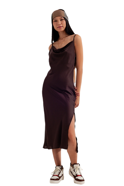 Satin Cami Strap Mini Dress in Brown