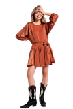 Satin Mini Dress With Belt in Orange