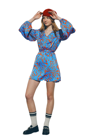 Satin v Neck Mini Dress in Blue