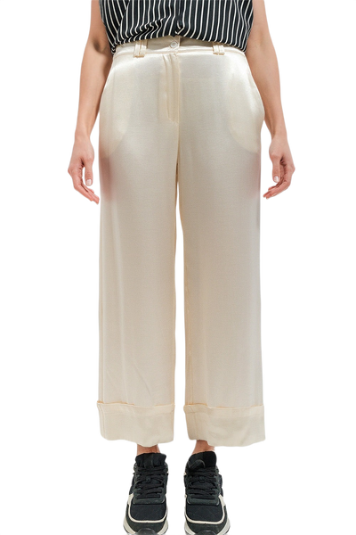 Satin Wide Leg Suit Pants in Cream