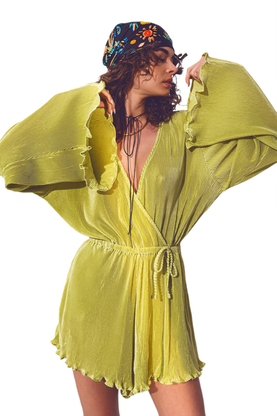 Bold Lime Pleated Wrap Jumpsuit