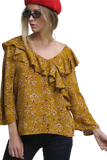 Shirt With Crossed Ruffles in Mustard