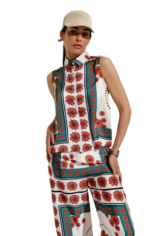 Sleeveless Creme Shirt With Floral Design