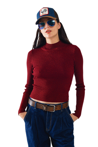 Sparkeling Red Glitter Trutle Neck Long Sleeve Sweater