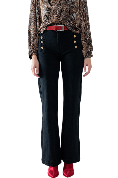 Straight Jeans With Gold Buttons at the Side in Black
