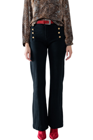 Straight Jeans With Gold Buttons at the Side in Black
